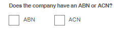 ABN or ACN checkboxes
