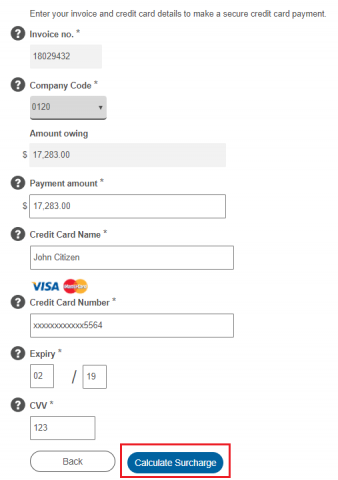 Calculate surcharge button on the make a payment screen