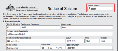 Copy of notice of seizure with seizure number